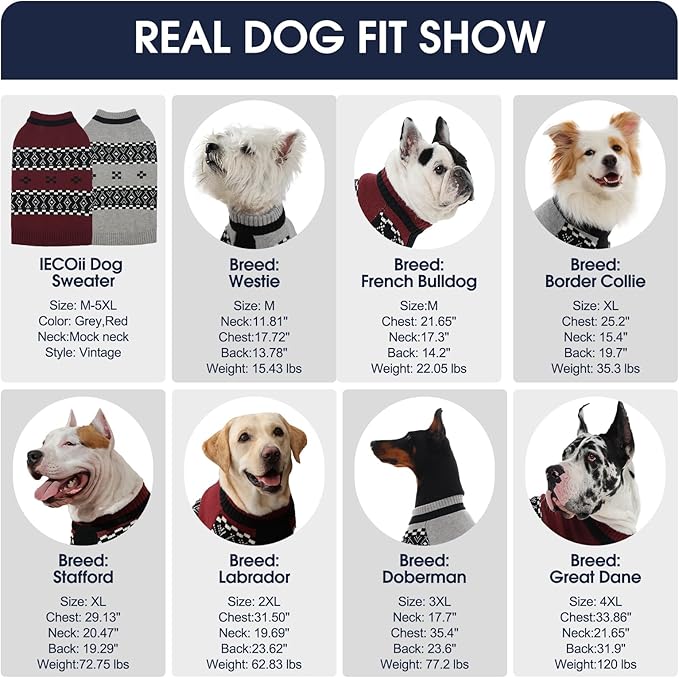 IECOii XXL Dog Sweater for Large Dogs Boy, Pitbull Sweater for Dogs Boy with Sleeve, Warm Male Fall Knitwear Mid Neck Pullover,Cozy & Elastic Dog Winter Sweaters for Cold Days, DarkRed, 2XL