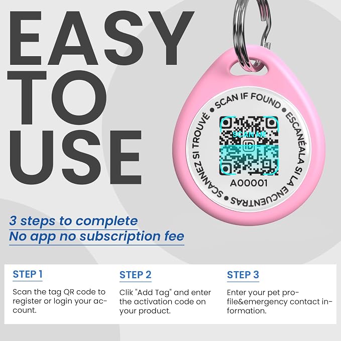 QR Code Dog Tags Personalized for Pets, Real-time Alerts, Pink