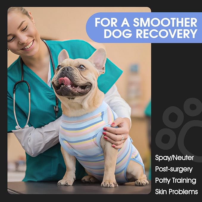 FUAMEY Recovery Suit for Dogs After Surgery,Soft Breathable Dog Bodysuit E-Collar & Cone Alternative Surgical Suit,Male Female Dog Neuter Spay Suits Anti Licking Wounds Onesie Blue Yellow Stripes XL