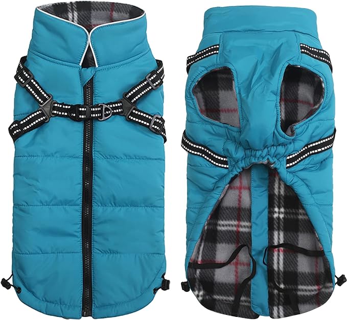 Geyecete Winter Warm Coat Waterproof Jacket with Harness Traction Belt,Pet Outdoor Jacket for Medium, Small Dogs - Blue