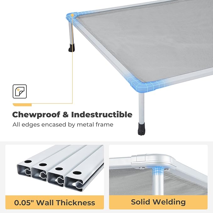 Veehoo Chewproof Elevated Dog Bed - Cooling Raised Pet Cot, Breathable Mesh, Washable & Non-Slip for Medium Dogs, Indoor/Outdoor, Grey Mat and Silver Metal Frame, 32x25inches (Model CWC2203B03)
