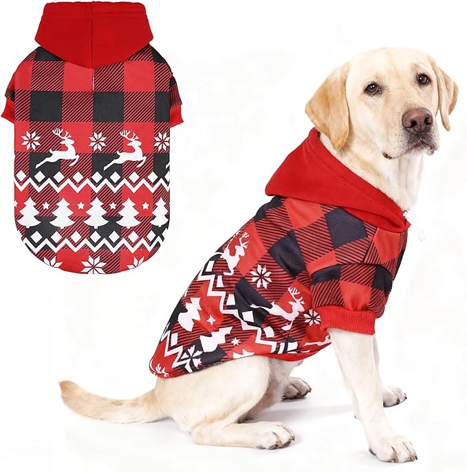 KOOLTAIL Christmas Dog Hoodie, Red Plaid Pet Sweater, Hat Hooded Sweatshirt Dog Clothes for Small Medium Large Dogs, Soft Warm Winter Cold Weather Coat with Leash Hole&Pocket, Reindeer Snowflake, XL