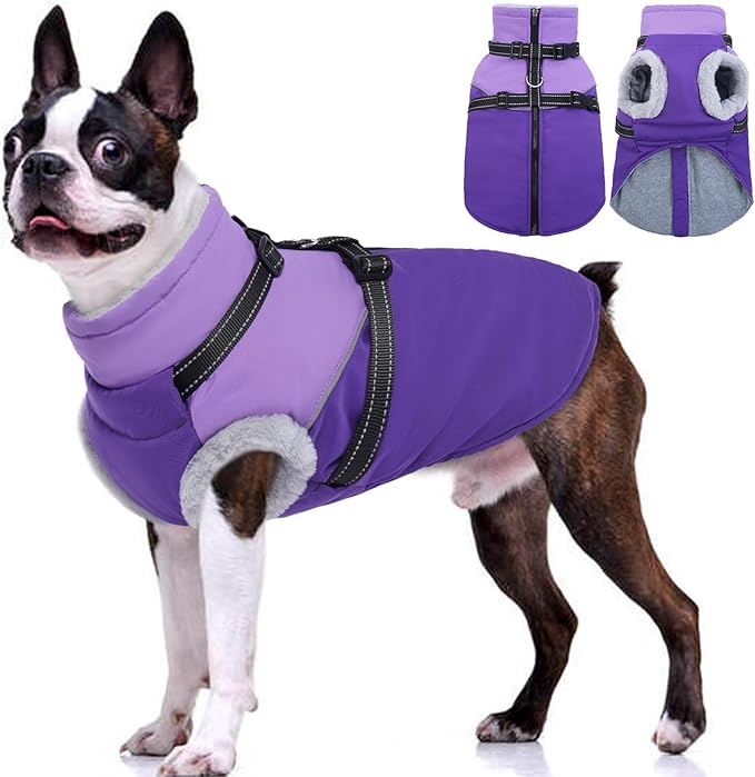 Dog Coat with Harness Built, Dog Winter Jacket with Zipper Closure, Warm Pet Fleece Puffer Coat with Reflective Strips & Furry Collar, Waterproof Snowsuit for Medium Large Dogs - Purple M