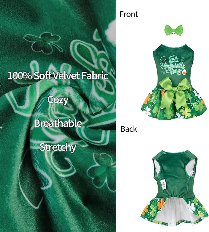 CuteBone St.Patrick's Day Dog Green Dress Velvet for Small Dogs Girl Puppy Dresses Clover Dog Clothes CVA13XS-D