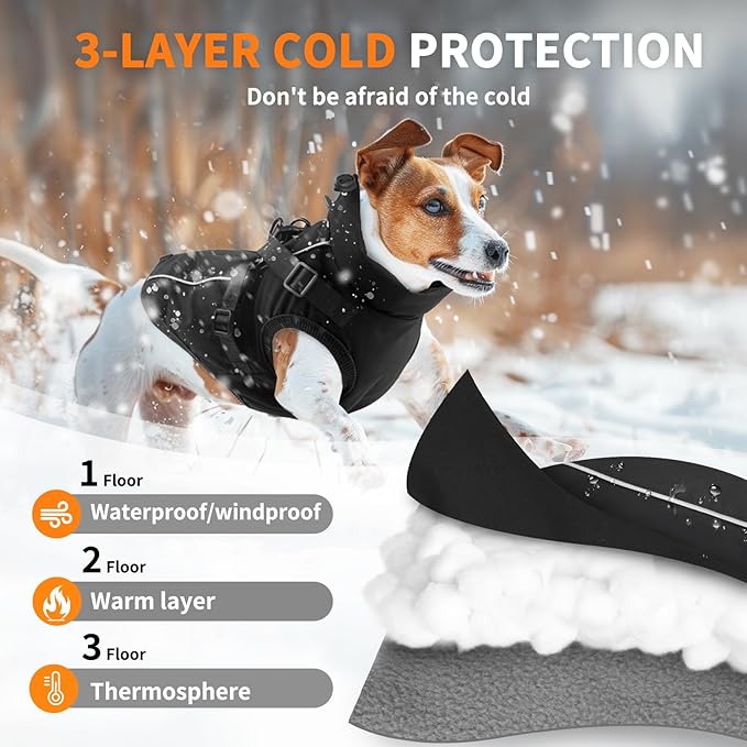 Dog Winter Coat Reflective Water-Resistant Jacket, Fleece Lined Windproof Puppy Coat with Back Zipper & D-Ring, Cold Weather Dog Coats for Small Medium Dogs (L, Black)