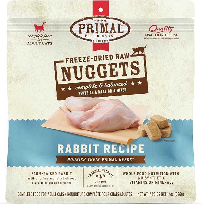 Primal Freeze Dried Raw Cat Food Nuggets Rabbit, Complete & Balanced Meal or Topper, Premium, Healthy, Grain Free, High Protein Raw Cat Food with Probiotics (14 oz)
