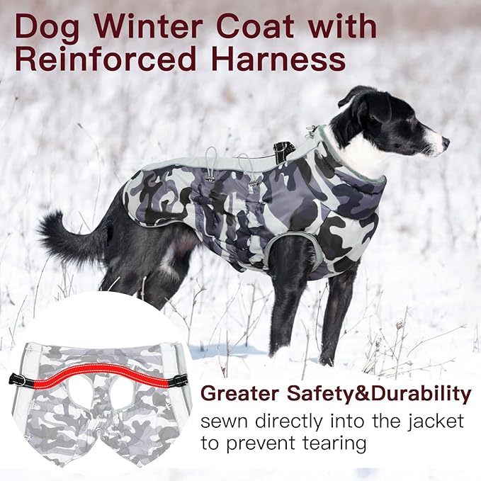 Dog Coat Dog Winter Jacket-3X Large, Warm Dog Coat Zip Up Snowsuit Dog Harness Vest Reflective Water-Resistant Dog Coat Dog Snow Jacket for Large Dogs Labrador, Huskyn, Grey-Camouflage