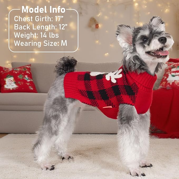 KYEESE Dog Christmas Sweater with Reindeer Pattern,Cozy Large Dogs Christmas Red Buffalo Plaid Knitwear, Turtleneck Dog Sweater for Large Dogs with Leash Hole, Soft Warm Pet Clothes, XXXX-Large