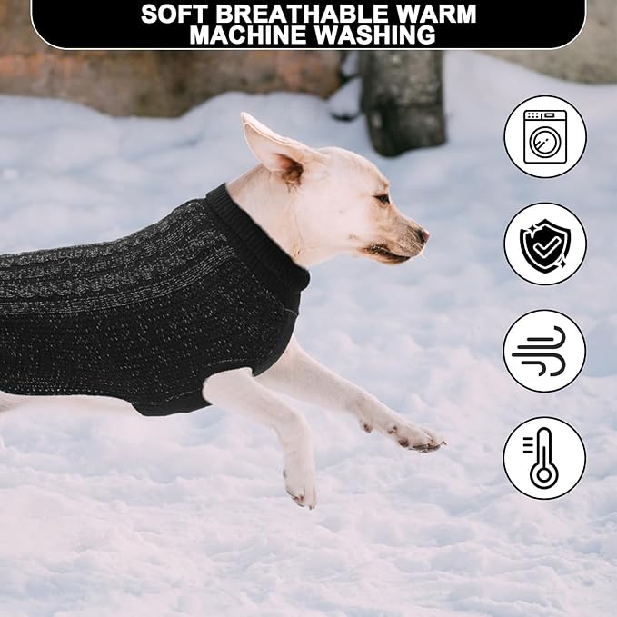 XXS Dog Sweater, Classic Cable Knit Warm Dog Sweatshirt with Reflective Yarn for Girl Boy, Halloween Fall Winter Coat Turtleneck Pullover Clothes Apparel for Small Medium Large Dogs (Black XXS)