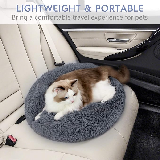 rabbitgoo Dog Bed for Small, 24 inches Machine Washable, Fluffy Donut Pet Bed Anti-Slip, Calming Soft Plush Round Cushion, Fits up to 18 lbs Pets, Dark Grey