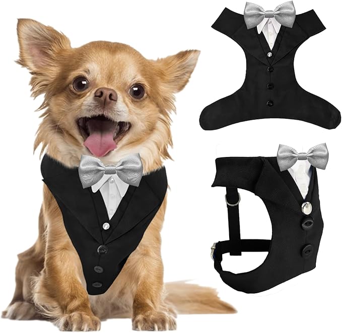 AVERYDAY XS Pet Tuxedo Harness, Wedding Costume Outfit for Small Dogs, Slim Cats and Tiny Pets with 8.3" Neck, 13-14.6" Chest, 8.5" Max Head Girth, Formal Suit Costume for Mini Breeds