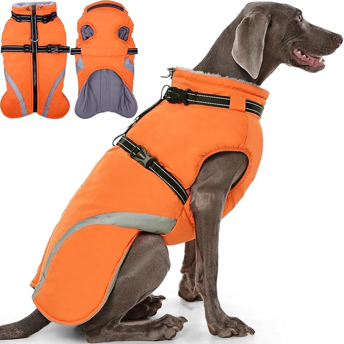 QBLEEV Dog Coat for Large Dogs, XL Dog Jacket for Winter Snow Waterproof with Built-in D-Ring Harness, Reflective Warm Thick Fleece Safety Vest, Cold Weather Snowsuit with Zip, Orange, XL