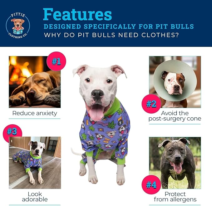 Pittie Clothing Pit Bull Dog Pajamas – Full Coverage Dog Onesie, Soft Pajama Outfit for Medium, Large, XL & XXL Breeds