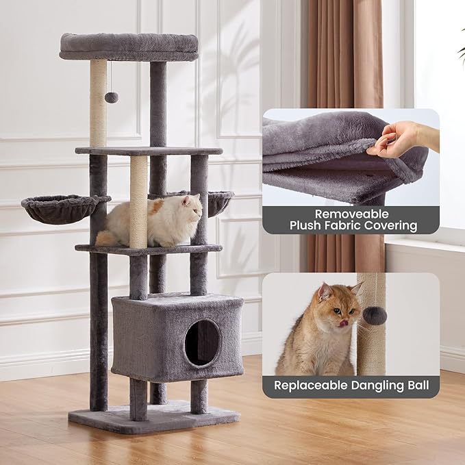 Gardner Pet 65in Heavy Duty Cat Tree Tower for Large Cats, Multi-Level Cat Furniture with Replaceable Sisal Scratching Post, Hammock | Extra-Large Platform & Condo (Grey)