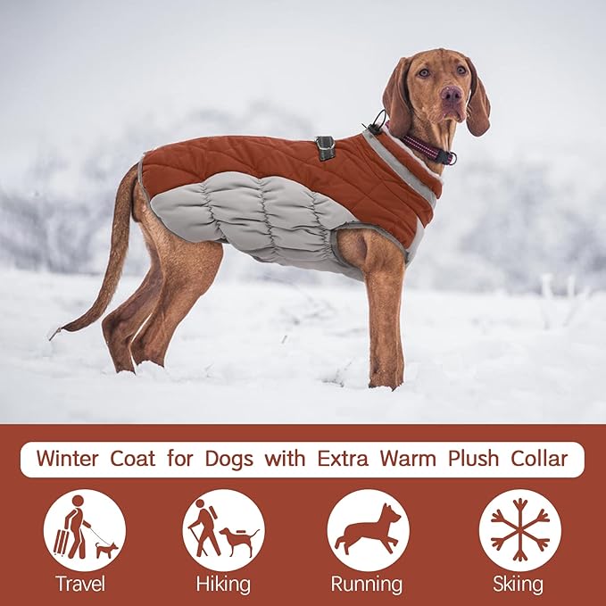 FUAMEY Dog Coat for Large Dogs,Waterproof Dog Winter Jacket with Harness Built in Puppy Cold Weather Coats Reflective Pet Vest with Zipper Warm Fleece Dogs Snowsuit Windproof Brown XXXL