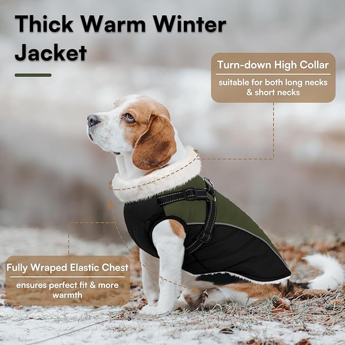 Queenmore Large Dog Jacket with Harness Built-in, Winter Coat for Large Dogs, Warm Puffer Winter Jacket, Cold Weather Waterproof Windproof Snow Parka Coat - Zipper Adjustable, Green/Black L