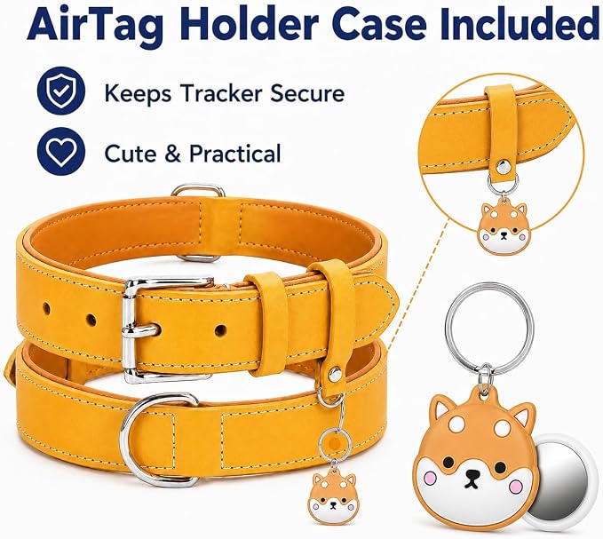 Genuine Leather Dog Collar, Soft Padded Leather Dog Collars with Airtag Holder Case for Small Medium Large X-Large Dogs,Comfort Heavy Duty Pet Collar with Durable Metal Buckle & D-Ring-Light Yellow/XS