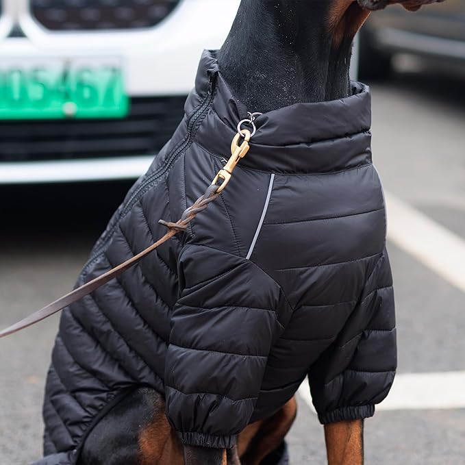 Dog Warm Jacket, 4 Legs Covered Waterproof Windproof Reflective Warm Dog Vest, Zippered Adjustable Snow Jacket for Small to XL Dogs, Black