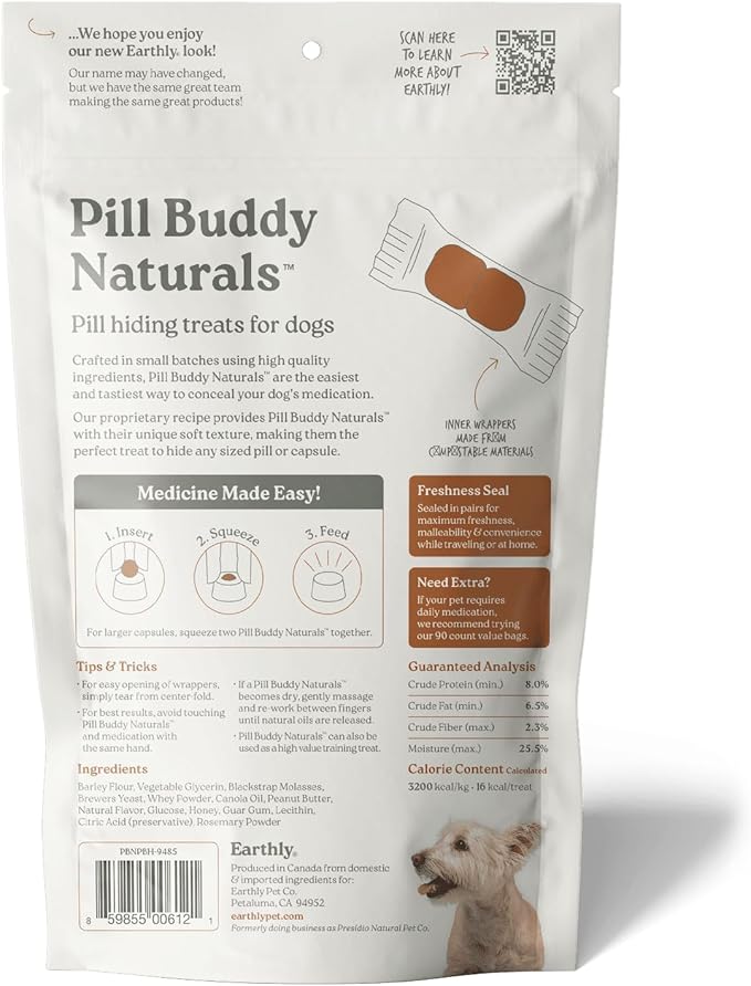 Earthly Pill Buddy Naturals - PB & Honey Recipe Pill Hiding Treats for Dogs - Make A Perfect Pill Concealing Pocket Or Pouch for Any Size Medication - 30 Servings
