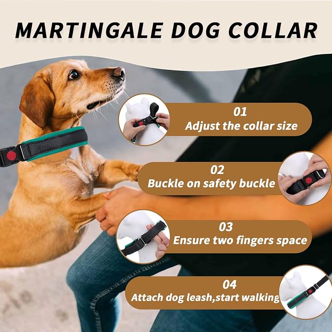 Martingale No Pull Dog Collar for Large Medium Small Dogs, Heavy Duty Nylon Reflective Adjustable Anti Pull Slip Collar with Buckle for Training Walking L Black Green