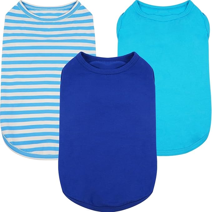3 Pack Blue Striped Dog T-Shirts for Small Dogs,XS Lightweight Sleeveless Shirt Set for Summer Beach Sun Protection,Soft Machine Washable,Simple Solid Color,Chihuahua(Blue,XS)