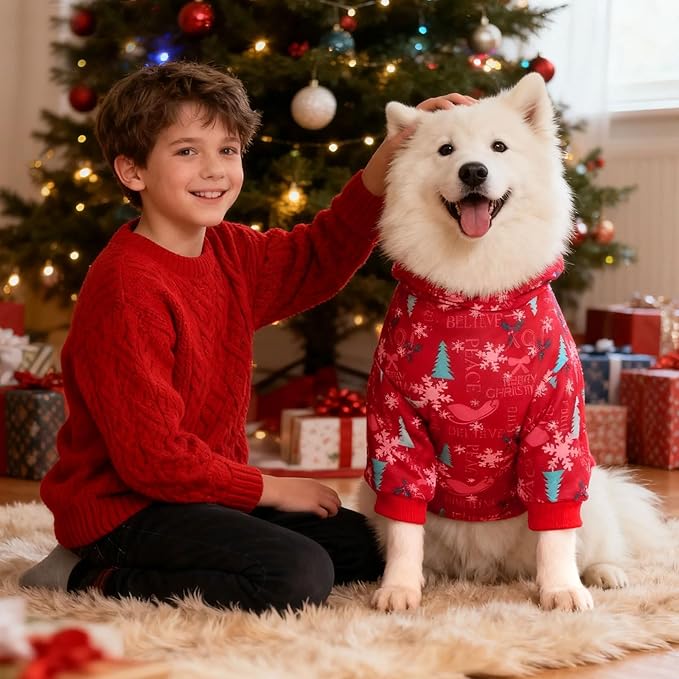 Red Christmas Dog Hoodie Soft Warm Fleece Lined Dog Sweater Hoodie with Leash Hole and Pocket Elastic Xmas Pet Coat Clothes Dogs Sweatshirt for Small Medium Large Size Dogs(Red B,X-Large)
