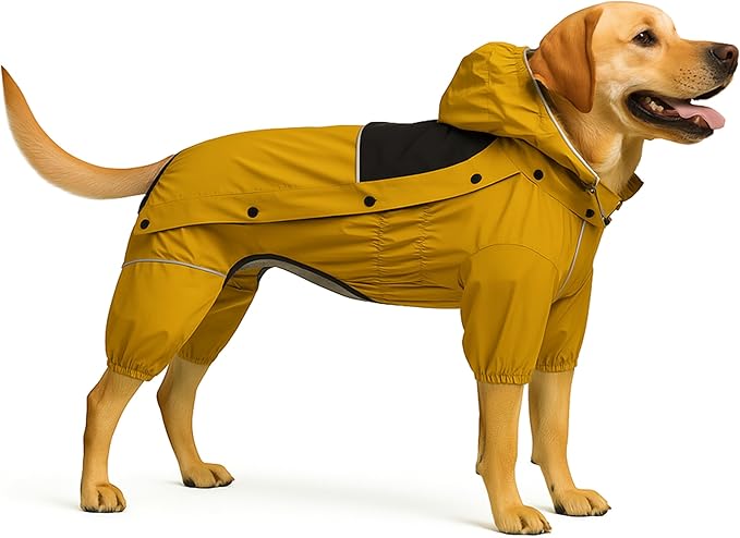 LOVELONGLONG Fleece-Lined Dog Raincoat with Removable Hood – Waterproof Winter Full Body Dog Jacket – Windproof Snowproof Cold-Weather Suit – Yellow-F 2XL