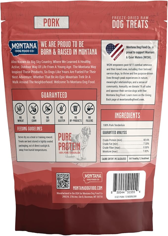 MONTANA DOG FOOD CO. Freeze-Dried Pork Tenderloin Dog Treats – 100% Natural, Single Ingredient, High Protein, Grain-Free, Made in USA – 3 oz Bag