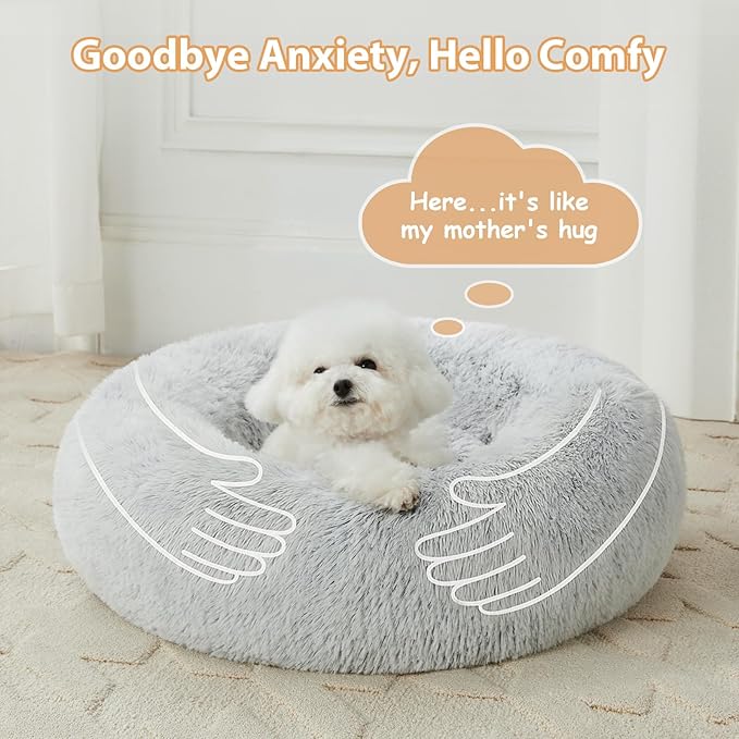 WNPETHOME Calming Dog Bed Cat Bed Donut, Faux Fur Pet Bed Self-Warming Donut Cuddler, Comfortable Round Plush Dog Beds (24 x 24 Inch, Light Grey)