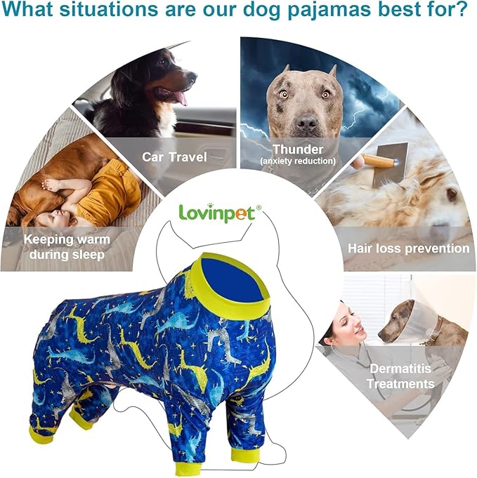 LovinPet Large Dog Pj - Pet Anxiety Calming Shirt, Dog Jammies for After Surgery, Lightweight Fabric, Blue Dragon Print, Pitbull Clothes, Long-Sleeved 4 Leg Style Pullover Dog Onesie, Dark Blue XL