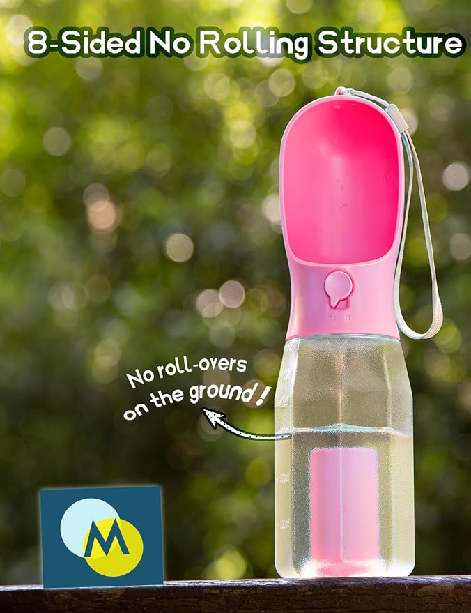 Portable Water Bottle for Small Dogs, 3 in 1 Pet Travel Bowl Dispenser with Food Treat Container & Poop Bag Holder, Summer Hiking Walking Accessories for Puppy On The Go - Pink, 10oz