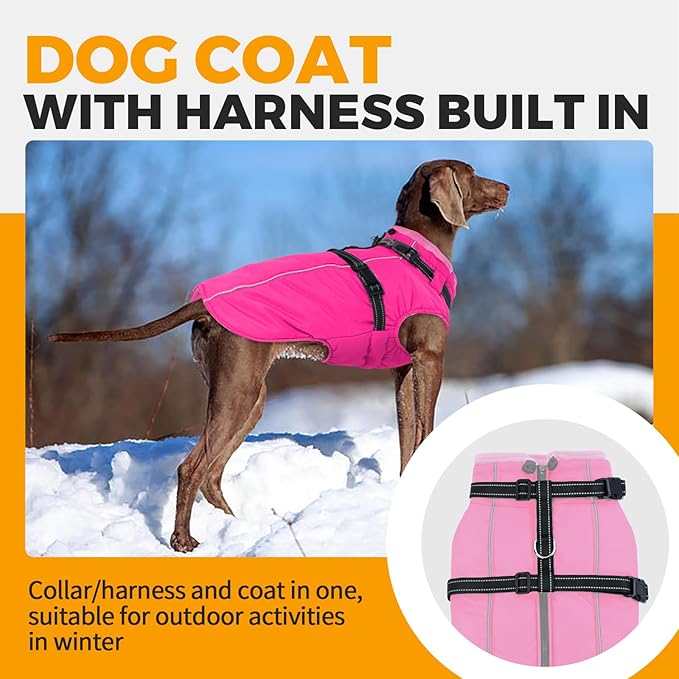 Lelepet Dog Winter Coat Waterproof Dog Jacket with Harness Built in Windproof Reflective Pet Coats for Extra Large Dogs, Thermal Fleece Lined Coats for Cold Weather Walking, Great Dane, Rose Red, 3XL