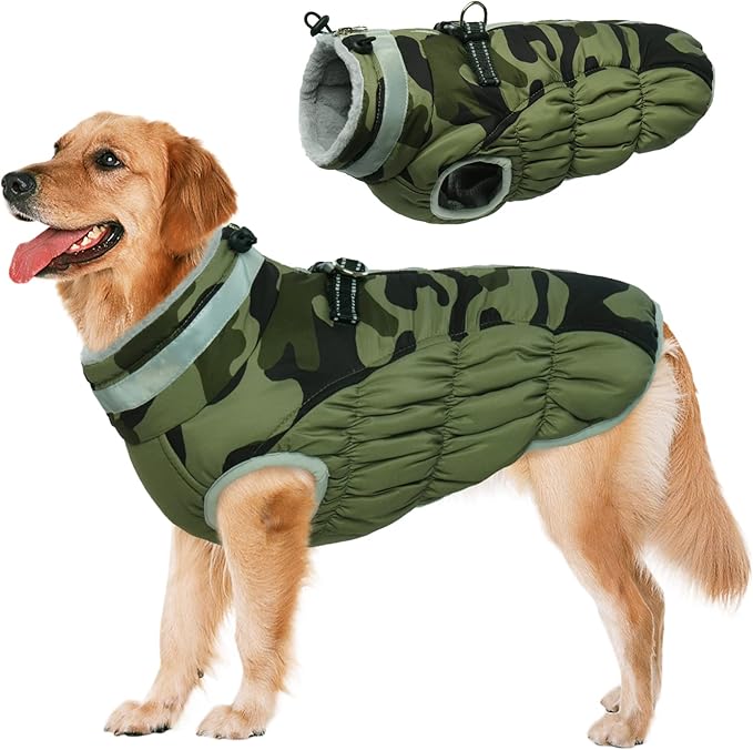 Lelepet Dog Coat Warm Dog Winter Coat Waterproof Dogs Jacket with Harness Built in Reflective Pet Fleece Vest Zip-Up Cold Weather Coats for Large Dogs Turtleneck Windproof Boston Terrier Green Camo L