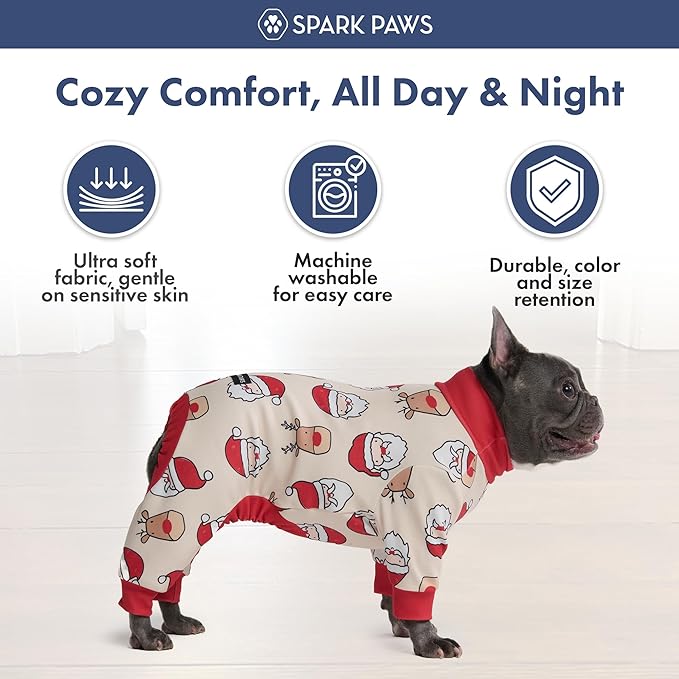 Spark Paws Dog Christmas Pajama, Dog Recovery Suit Male, Onesie, Ultra-Soft and 4-Way Stretch, for Small Medium and Large Breeds - Santa and Rudolph - 3XL