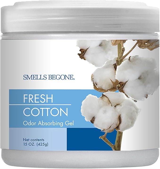 SMELLS BEGONE 15oz Gel Odor Eliminator - Absorb & Remove Tough Odors in Pet Areas, Bathrooms, Basements, Garage, Cars, RVs & Boats - Eliminate Odors with Essential Oils (Fresh Cotton)