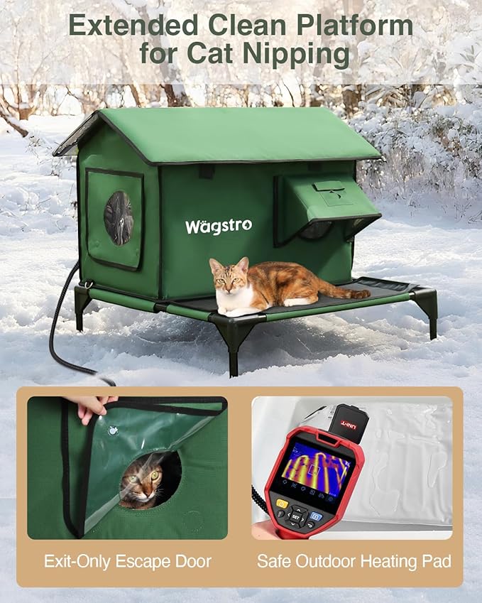 Wagstro Large Heated Cat House for Outside with Dampless Deck, Highly Elevated, Exit-Only Door, Waterproof Insulated Outdoor Cat Shelter for Feral Stray Barn Cat