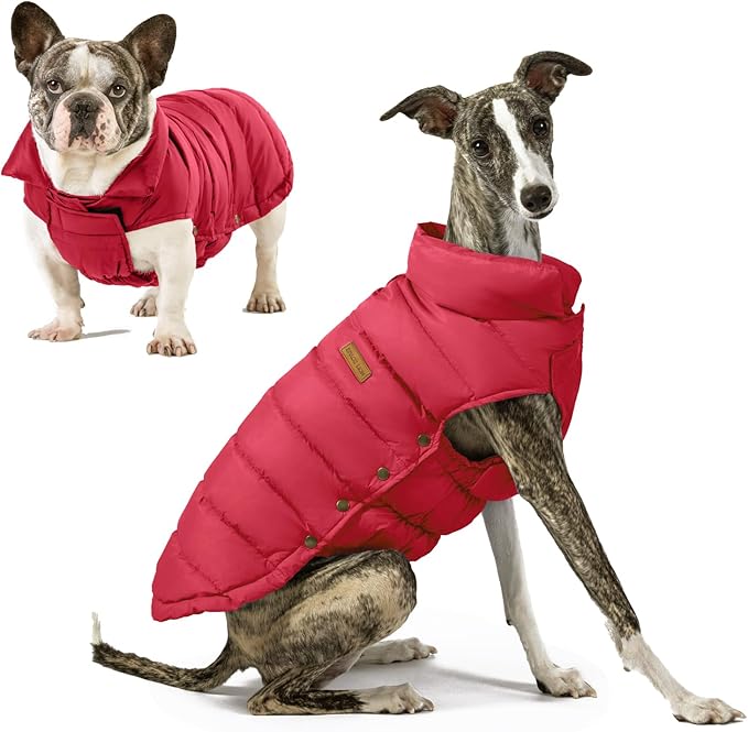 SPACE LION Dog Puffer Jacket, Down Winter Coat, Durable Outdoor Coat for Cold and Windy Conditions, Lightweight & Adjustable Fit Coats for Small & Medium Dogs, (Red, Size12/M)