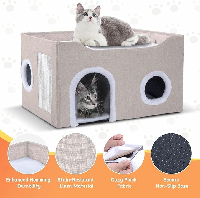 Gosipeya Cat House for Indoor Cats – Foldable Cat Cave & Covered Cat Bed, Cozy Hideaway for Small Pets and Large Cats (23.6"x16"x12.8"),Beige