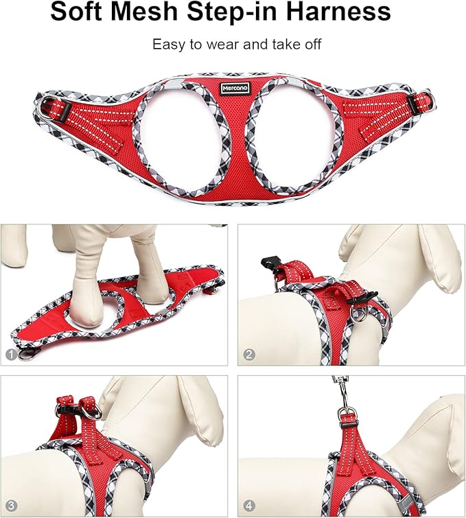 Mercano Soft Mesh Dog Harness and Leash Set, No-Chock Step-in Reflective Breathable Lightweight Easy Walk Vest Harnesses with Safety Buckle for Small Dogs, Cats (Red, S)