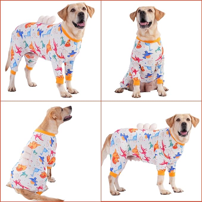 LovinPet Large Dog Pajamas, Four-Leg Stretch Onesie Bodysuit, Lightweight UV-Shielding Pajamas, Anti-Lick Calming Recovery Suit for Surgery, 3D Dino Egg Spikes, Easy on/Off， White， 3XL