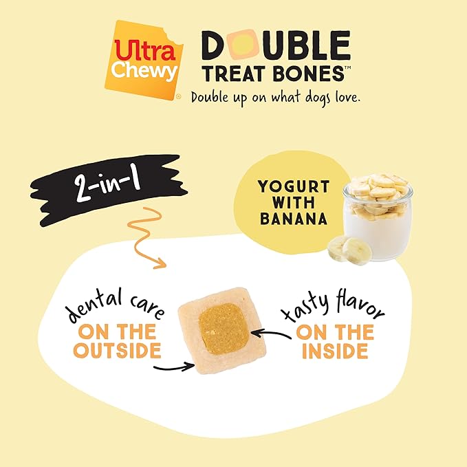 Ultra Chewy Yogurt with Banana Double Treat Bones: Long-Lasting Dog Treats Made in USA for Large and Small Breeds, Highly Digestible, Ideal for Aggressive Chewers (12 Count)