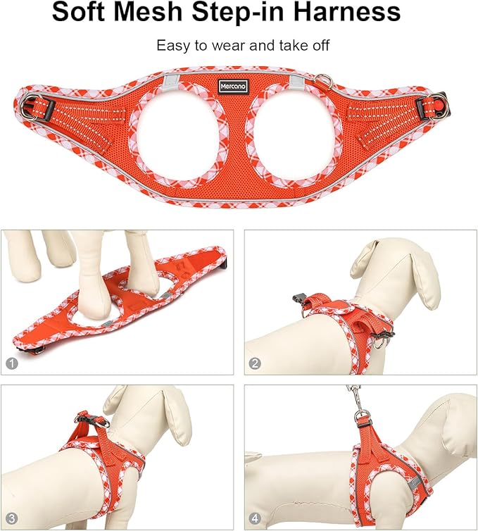 Mercano Soft Mesh Dog Harness and Leash Set, No-Chock Step-in Reflective Breathable Lightweight Easy Walk Vest Harnesses with Safety Buckle for Small Dogs, Cats (Tangerine, XS)