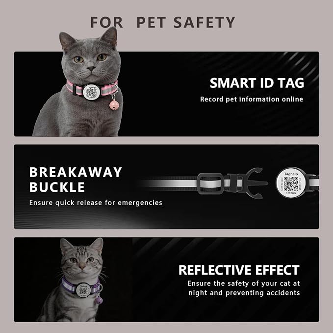2 Pack Airtag Cat Collar, Breakaway Cat Airtag with Smart ID tag & QR Code Reflective (Pink, Collar Only)
