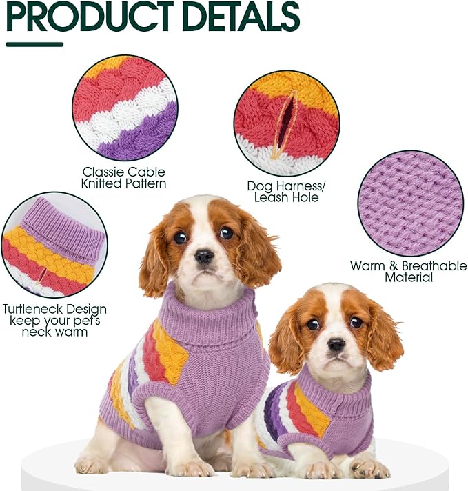 Kuoser Dog Sweater, Thermal Dog Sweaters for Medium Dogs Girl Boy, Puppy Christmas Sweater Thrtleneck Knitwear, Cozy Sweaters for Dogs, Thanksgiving Pet Outfit Warm Clothes for Fall Winter, Purple M