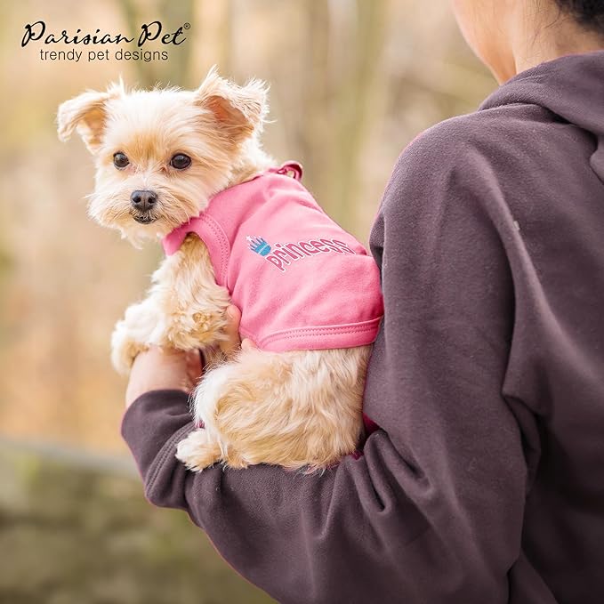 Parisian Pet Dog T-Shirt - Embroidered ' Princess' Breathable Pink Dog Shirt - Sleeveless Pet Vest - Princess Dog Clothes - Machine Washable Dog Shirts for Small Dogs - S