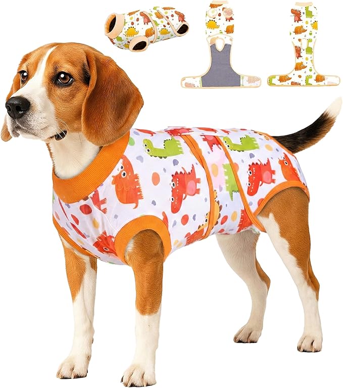 PetWarm Post Surgery Dog Onesie Female, Surgical Recovery Suit for Dogs, Professional Dog Recovery Shirt Abdominal Wounds Bandages Substitute E-Collar and Cone, Dinosaur Pattern, Yellow, M