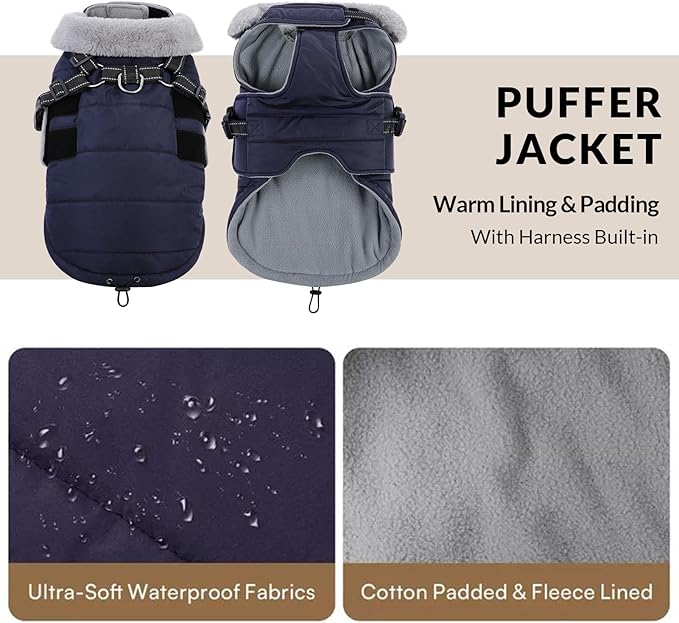 Queenmore Small Winter Dog Coat with Harness Built-in, Waterproof Winter Jackets for Small Dogs, Puppy Warm Puffer Jacket for Snow/Cold Weather - Fleece Reflective Easy On Hook & Loop Closure, Navy S