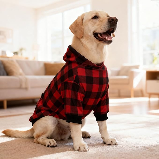 Red Plaid Dog Hoodie Soft Warm Fleece Lined Dog Sweater Hoodie with Leash Hole and Pocket Elastic Pet Coat Clothes Dogs Sweatshirt for Small Medium Large Size Dogs(Red A,Medium)