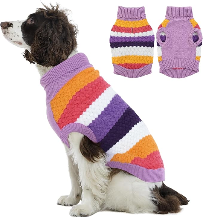Kuoser Large Dog Sweater, Turtleneck Knit Dog Sweaters for Large Dogs Colorful Strips Pet Knitted Vest Warm Clothes, Soft Puppy Sweater Thermal Sweatshirt for Xmas Holiday Cold Weather, Purple XL