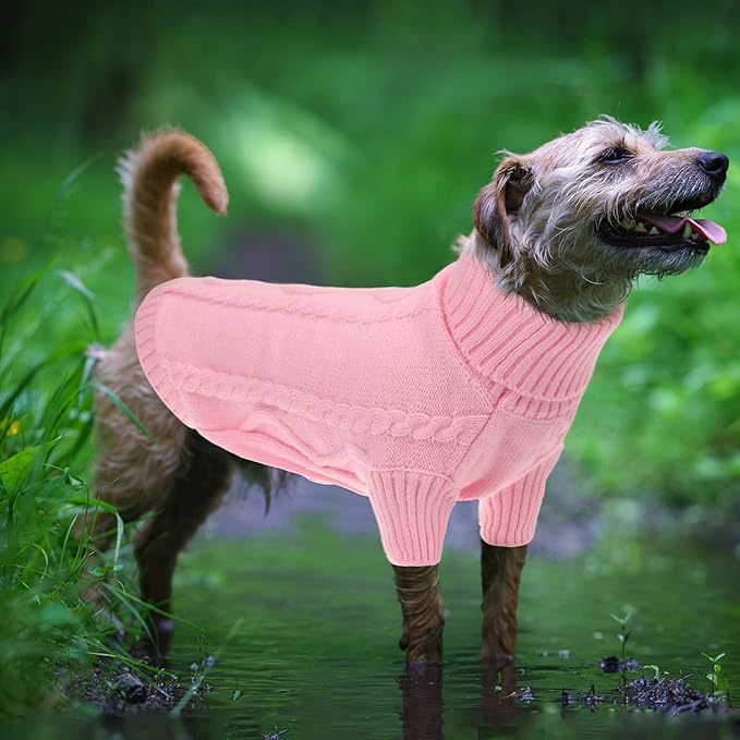 Queenmore Small Dog Pullover Sweater, Cold Weather Cable Knitwear, Classic Turtleneck Thick Warm Clothes for Chihuahua, Bulldog, Dachshund, Pug, Yorkie (Pink, Medium)